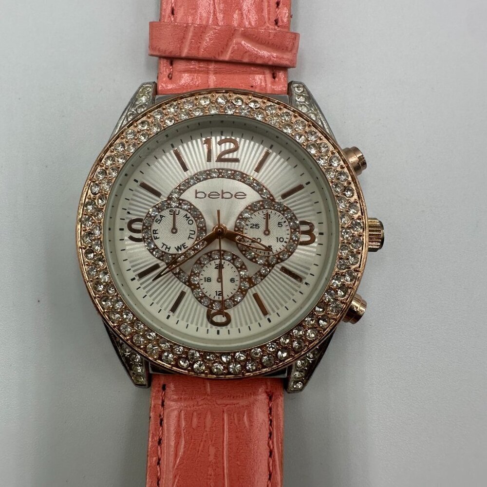 Bebe Watch Women Silver Rose Gold Tone Faux Chronograph Pave Crystal Bezel 9"